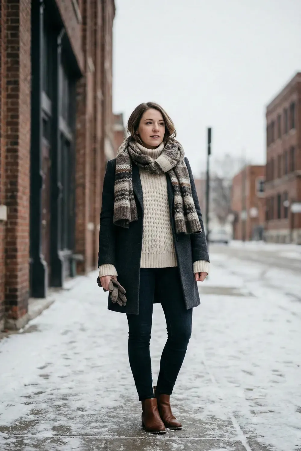 Woman standing on a snowy street wearing a dark grey wool coat, a thick patterned brown and grey scarf, blue jeans, and brown leather boots.