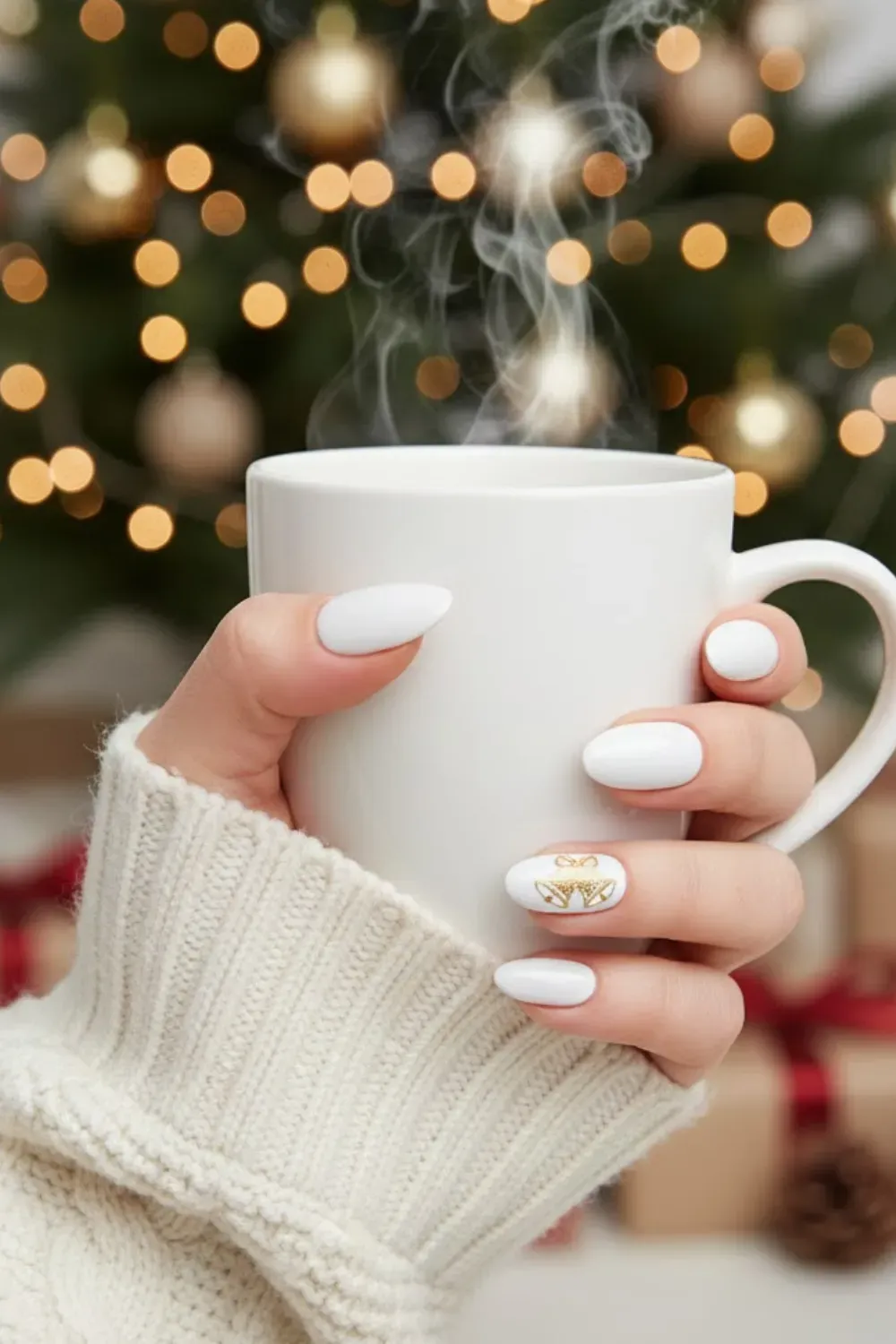 White Nails with Gold Bell Accent - Hand holding a white mug in front of a tree, featuring white nails with a delicate gold jingle bell and bow decal.