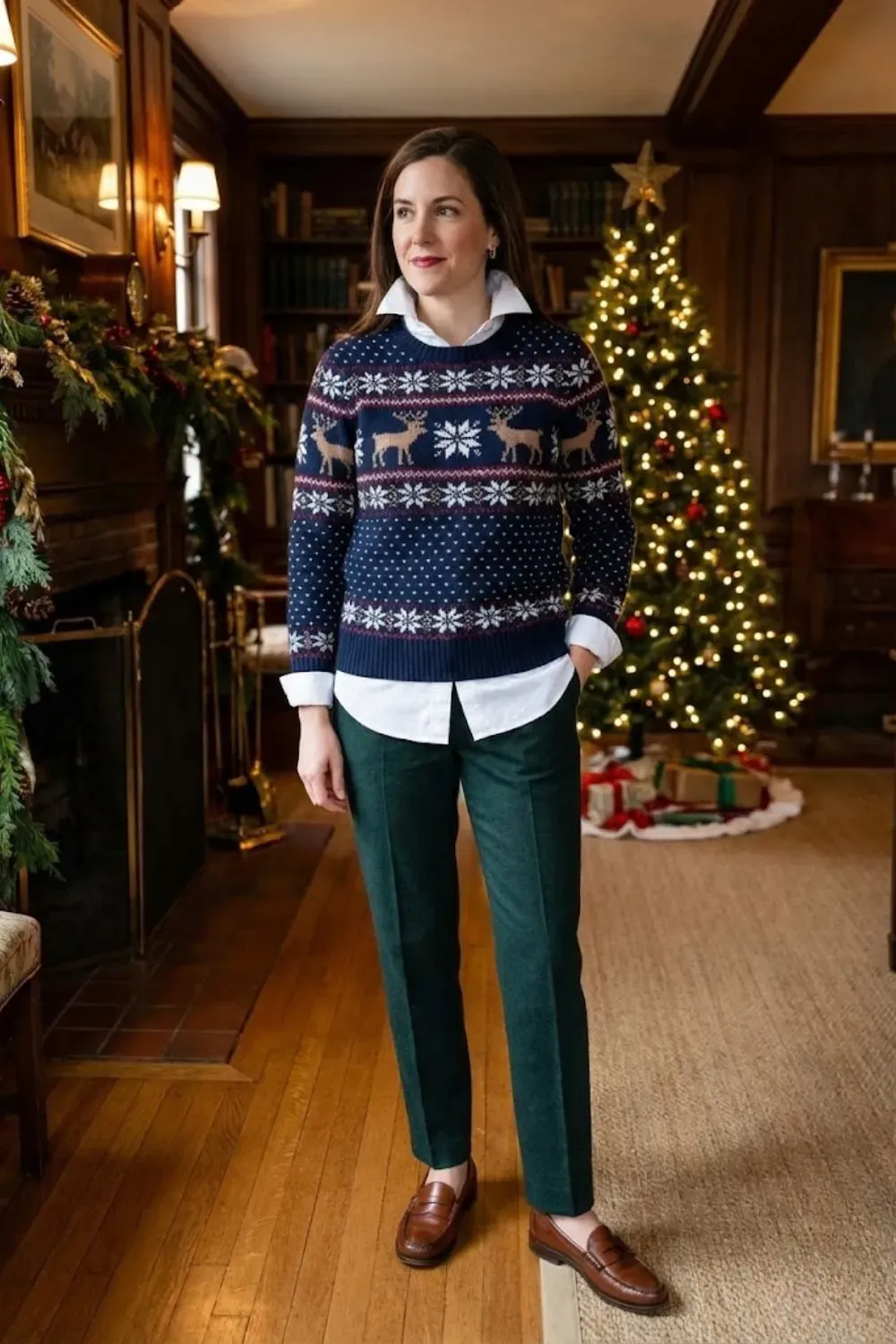 Woman standing in library wearing navy reindeer sweater layered over white shirt with green trousers