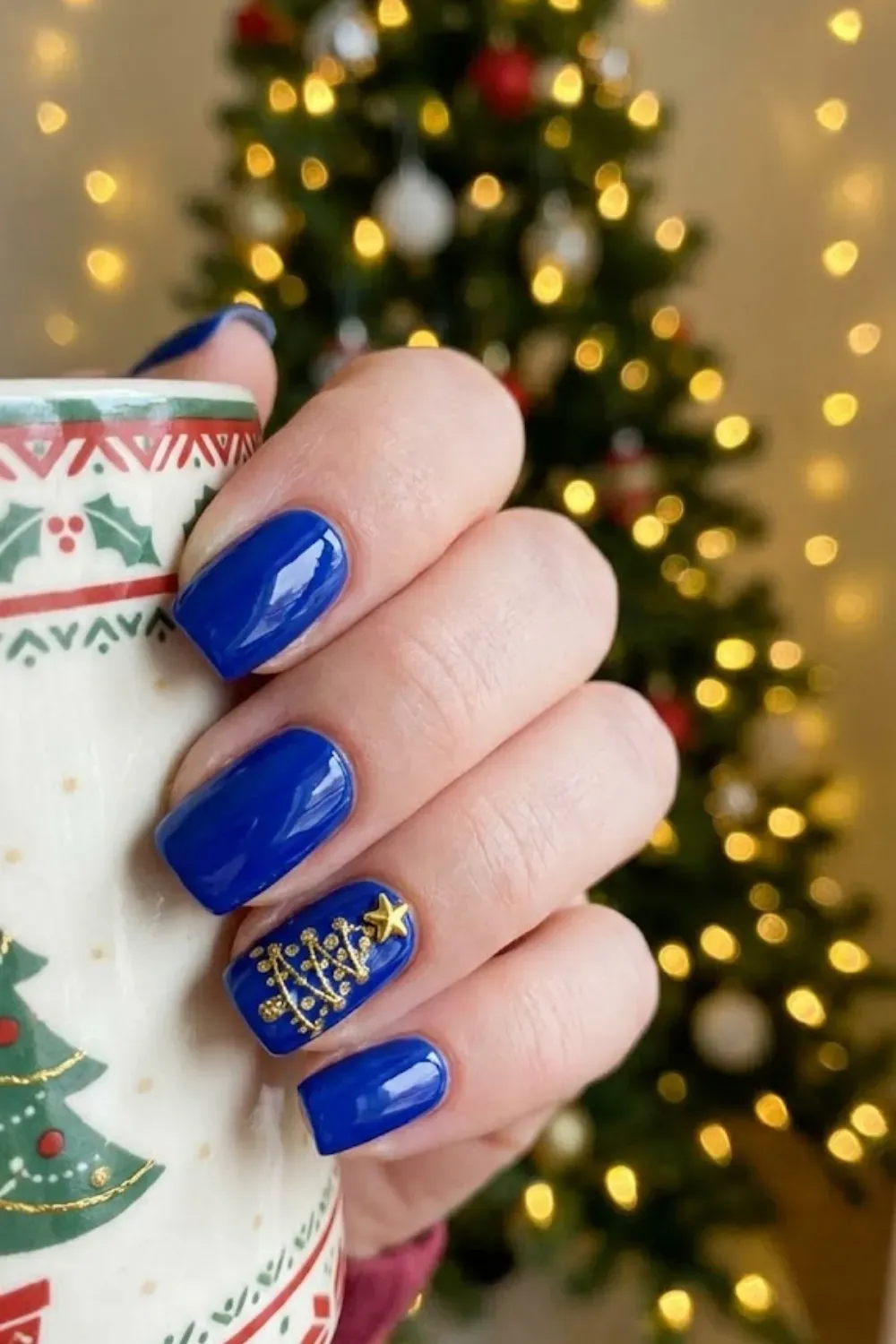 Royal Blue Glitter Christmas Tree - square royal blue nails with gold glitter dot Christmas tree design