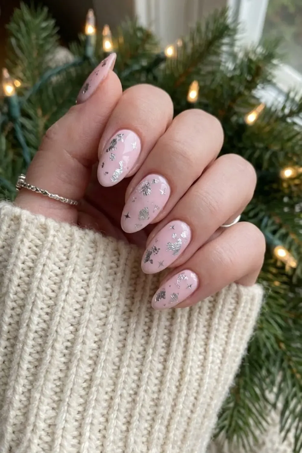 Soft Pink Nails with White Glitter Gradient - Baby pink almond nails with a delicate iridescent white snow-effect glitter gradient.