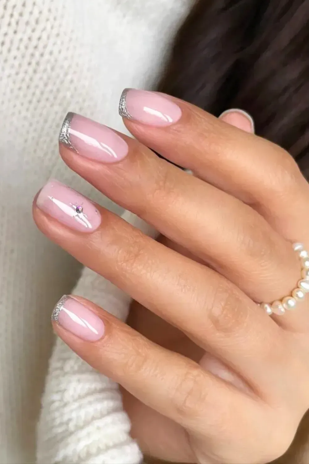Subtle Silver Corner Tips - Short square blush pink nails with minimalist silver glitter tips on the corners.