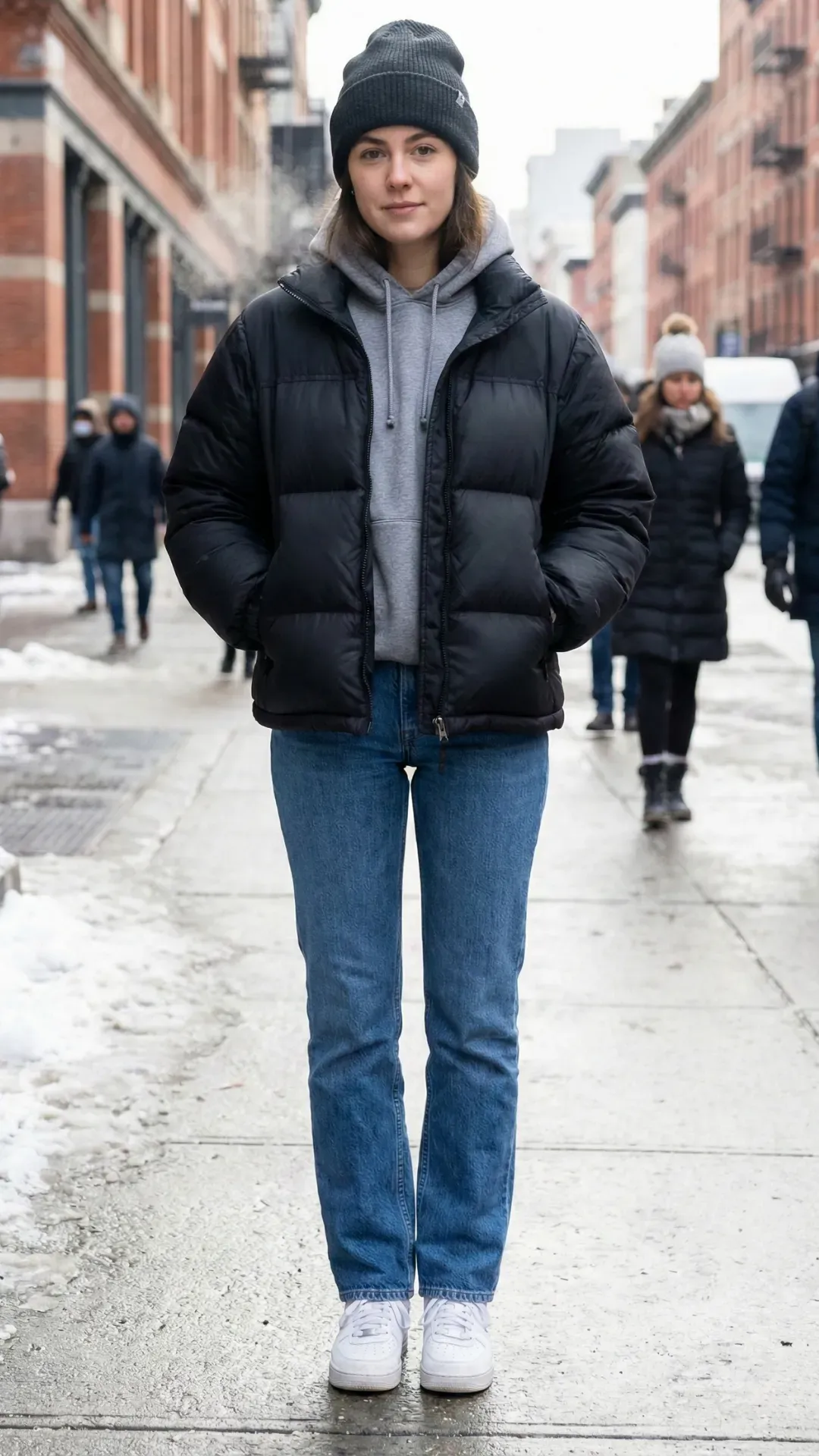 Full-body shot of a woman on a city street wearing a black puffer jacket over a grey hoodie, blue straight-leg jeans, white sneakers, and a dark grey beanie.