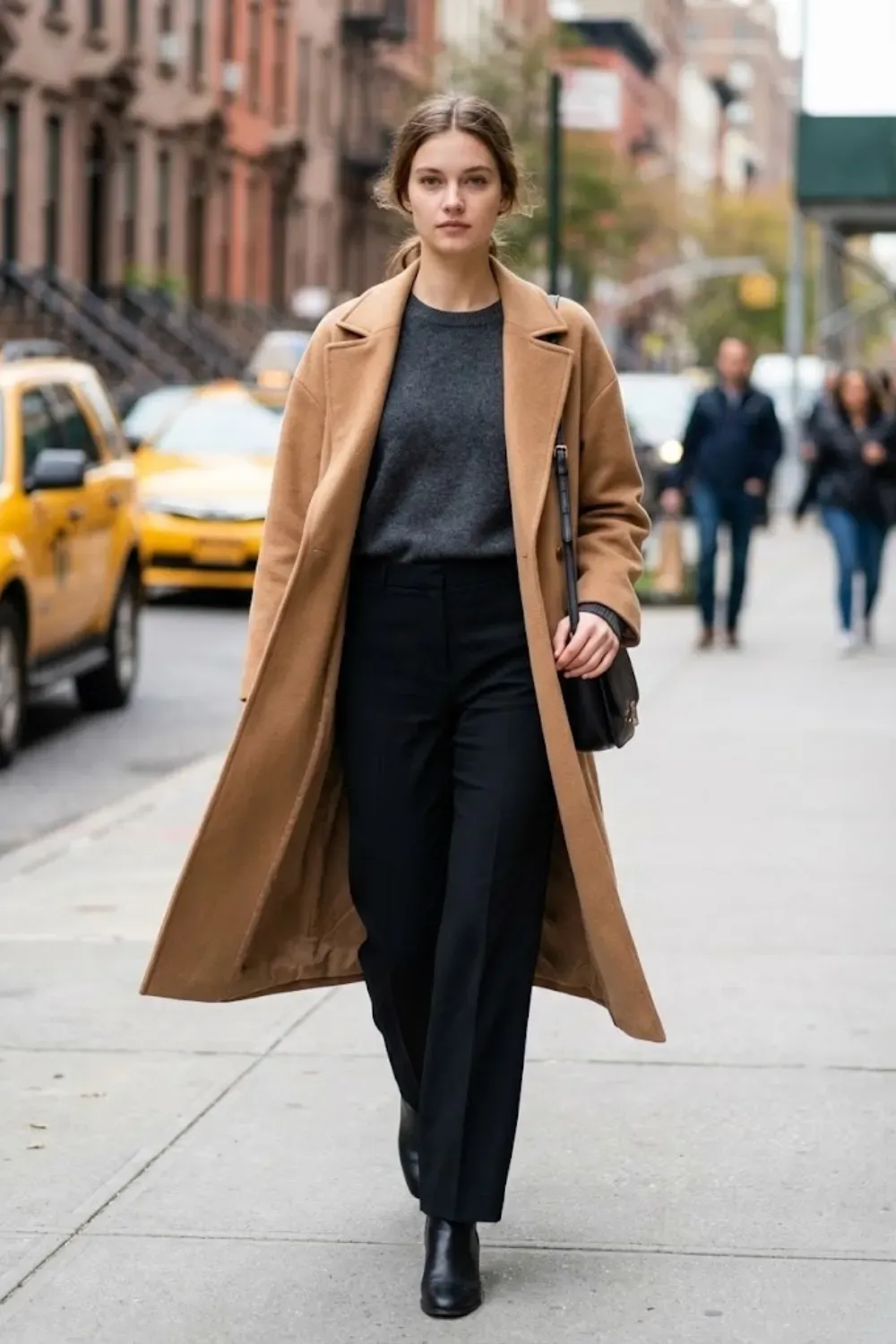 Camel Coat Over Grey & Black Layers – Woman walking on a city street wearing a long camel wool coat layered over a charcoal grey crewneck sweater and black wide-leg trousers.