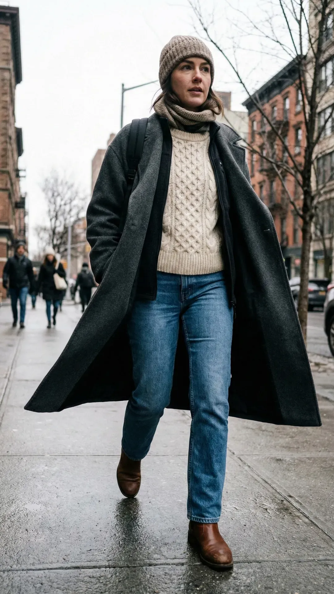 Candid walking shot of a woman wearing a dark grey wool coat, a cream cable-knit sweater, blue jeans, a beige beanie hat, and brown leather boots.