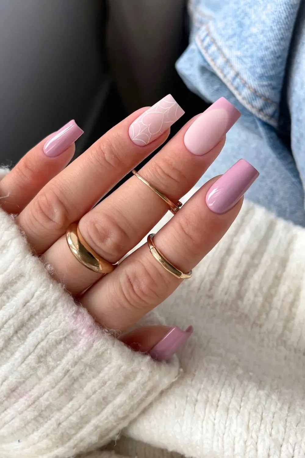 Mauve Heart Web - Coffin shaped mauve pink nails with white spiderweb and heart nail art.