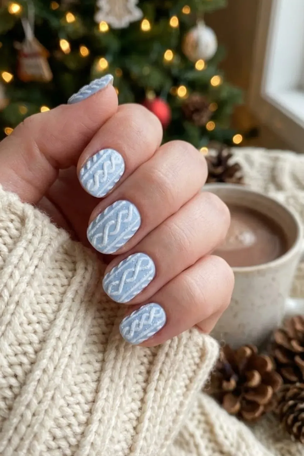 Pastel Blue cozy Sweater Knit - oval matte pastel blue nails with textured 3D cable knit sweater design