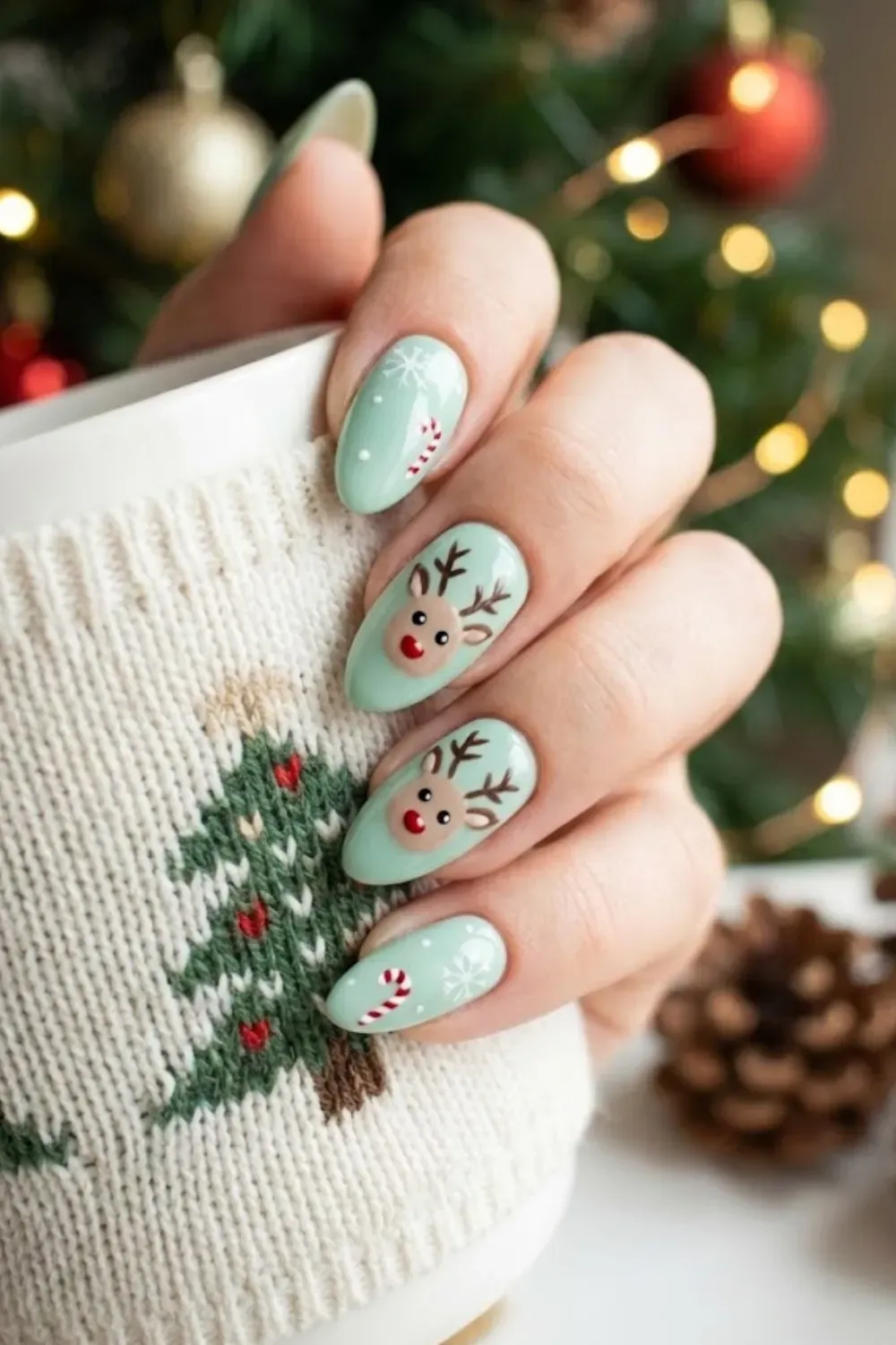 Reindeer Mint Nails – mint green nails with reindeer face and candy cane nail art