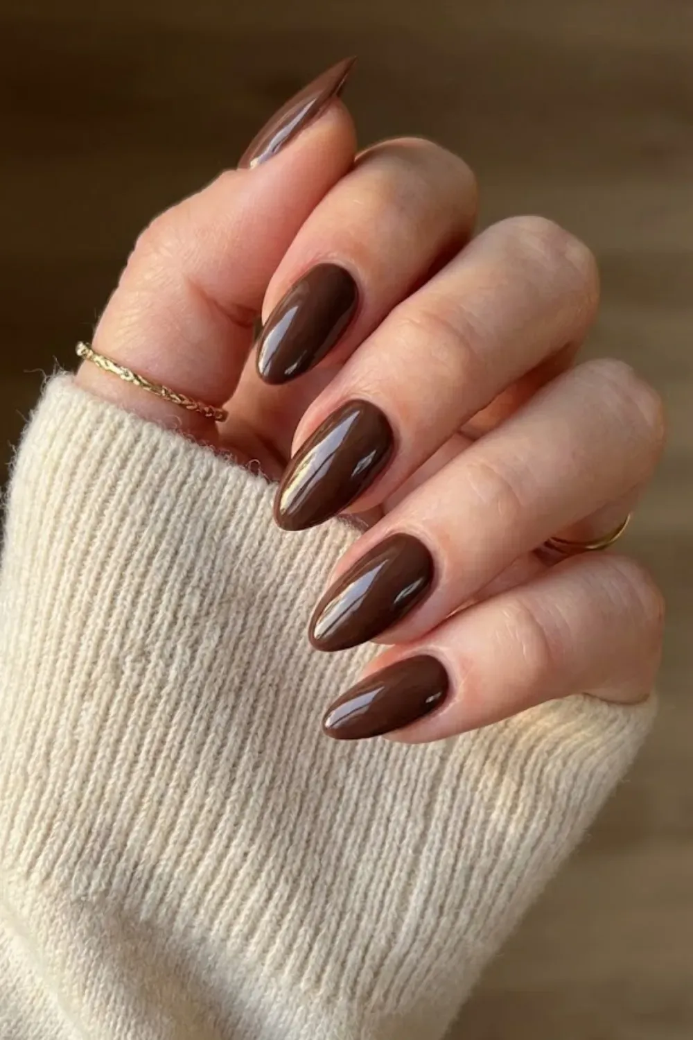 Rich Chocolate Brown – Dark brown cocoa gel nails almond shape cozy trend
