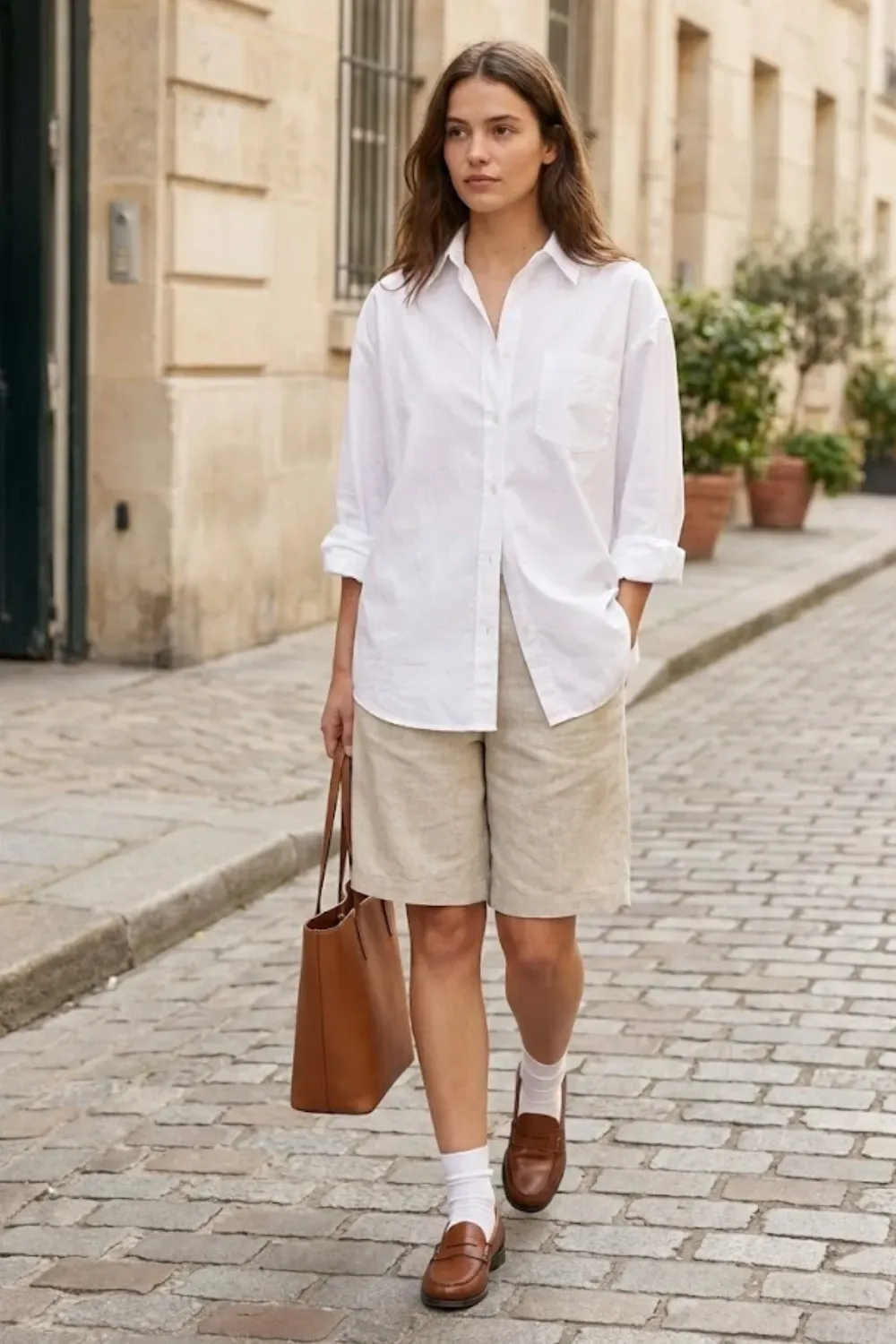 Neutral linen Bermuda shorts styled with an oversized button-down and loafers minimalist outfit.