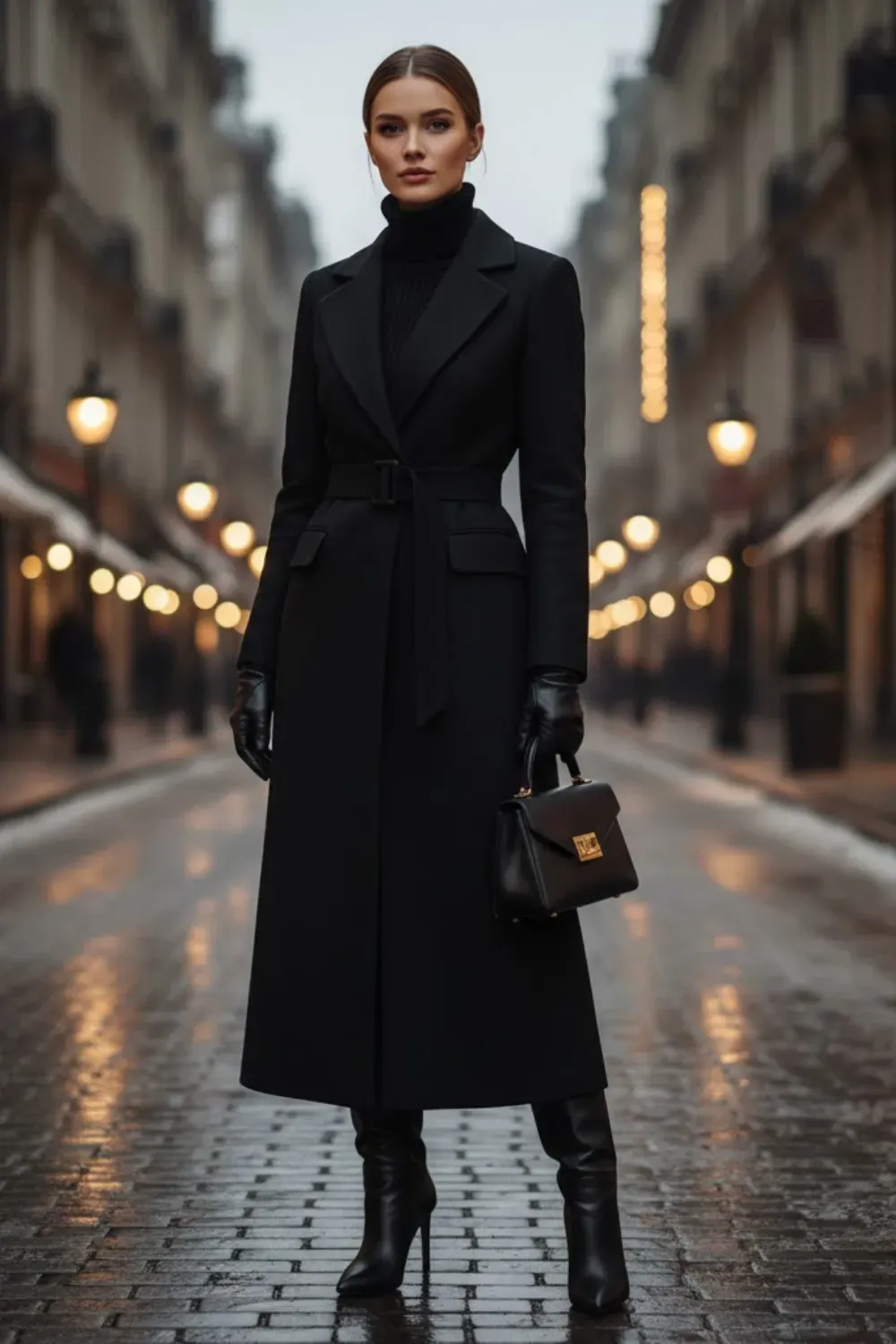Black Tailored Coat Belted / Sleek matrix style winter coat women