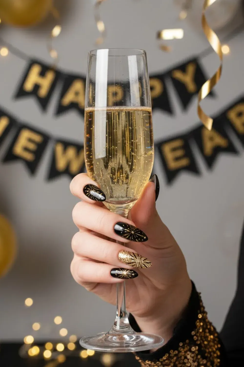 Black and Gold Firework Nails - Hand holding a champagne glass featuring black nails with gold foil starburst and firework designs