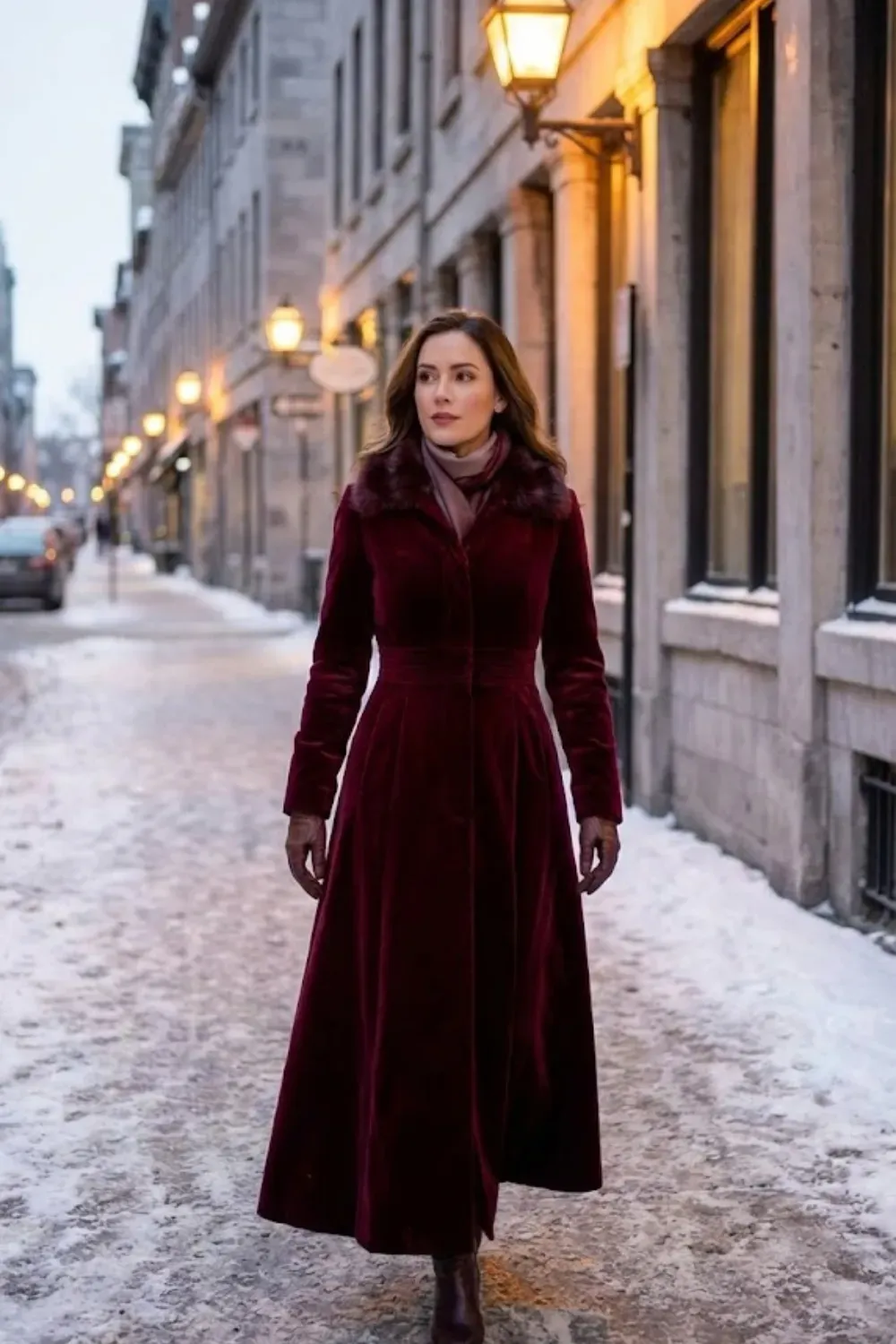 Burgundy Velvet Long Coat Fur Collar / Luxe refined evening winter coat