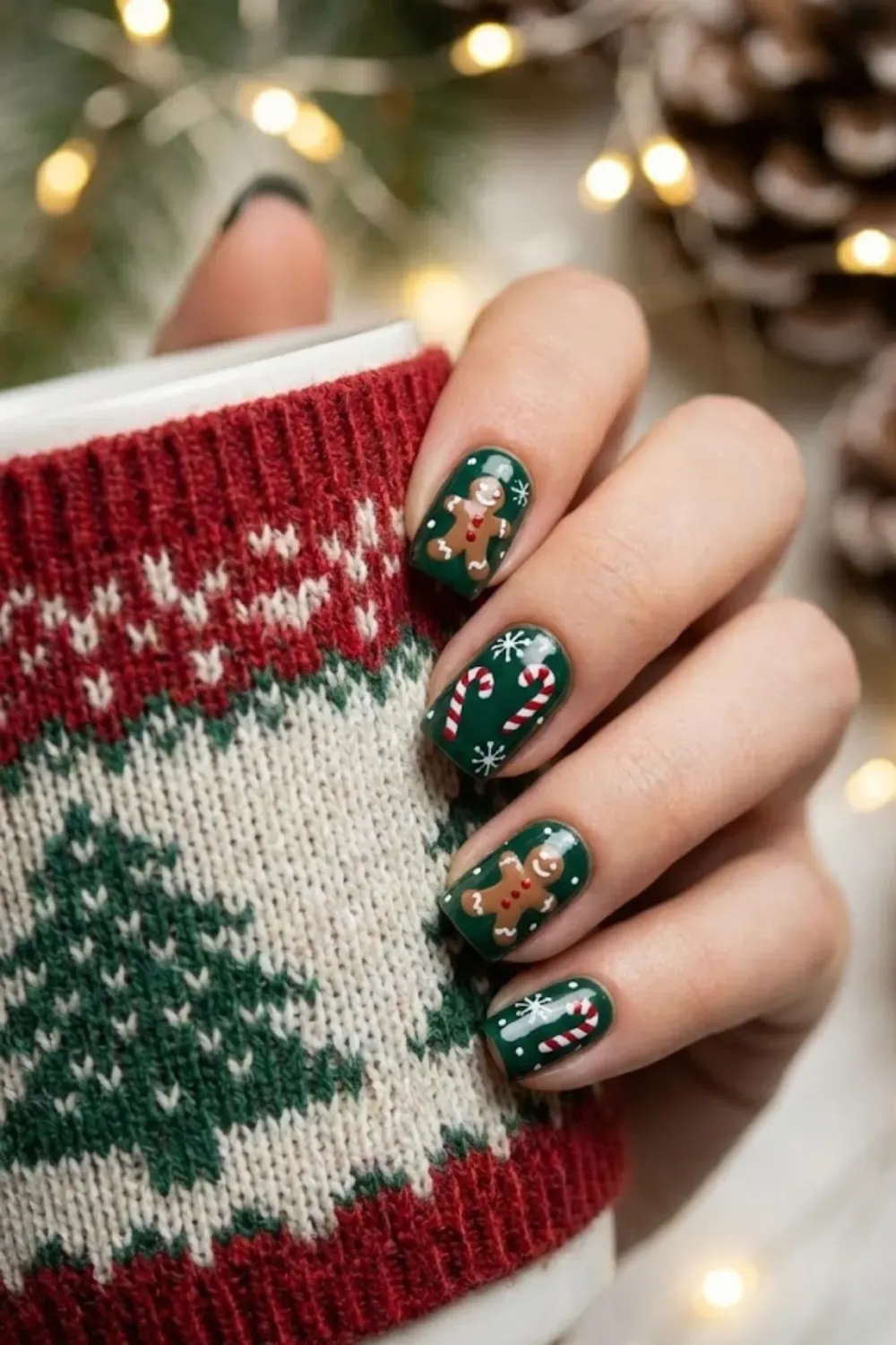 Gingerbread Pattern Nails – festive green nails with gingerbread man and candy cane pattern