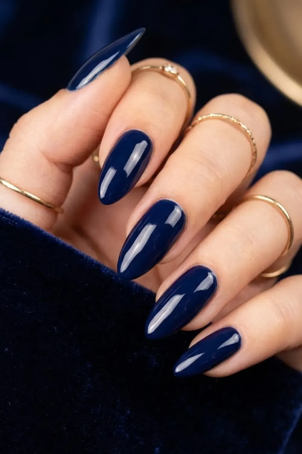 Midnight Navy – Dark navy blue gel nails almond shape office wear