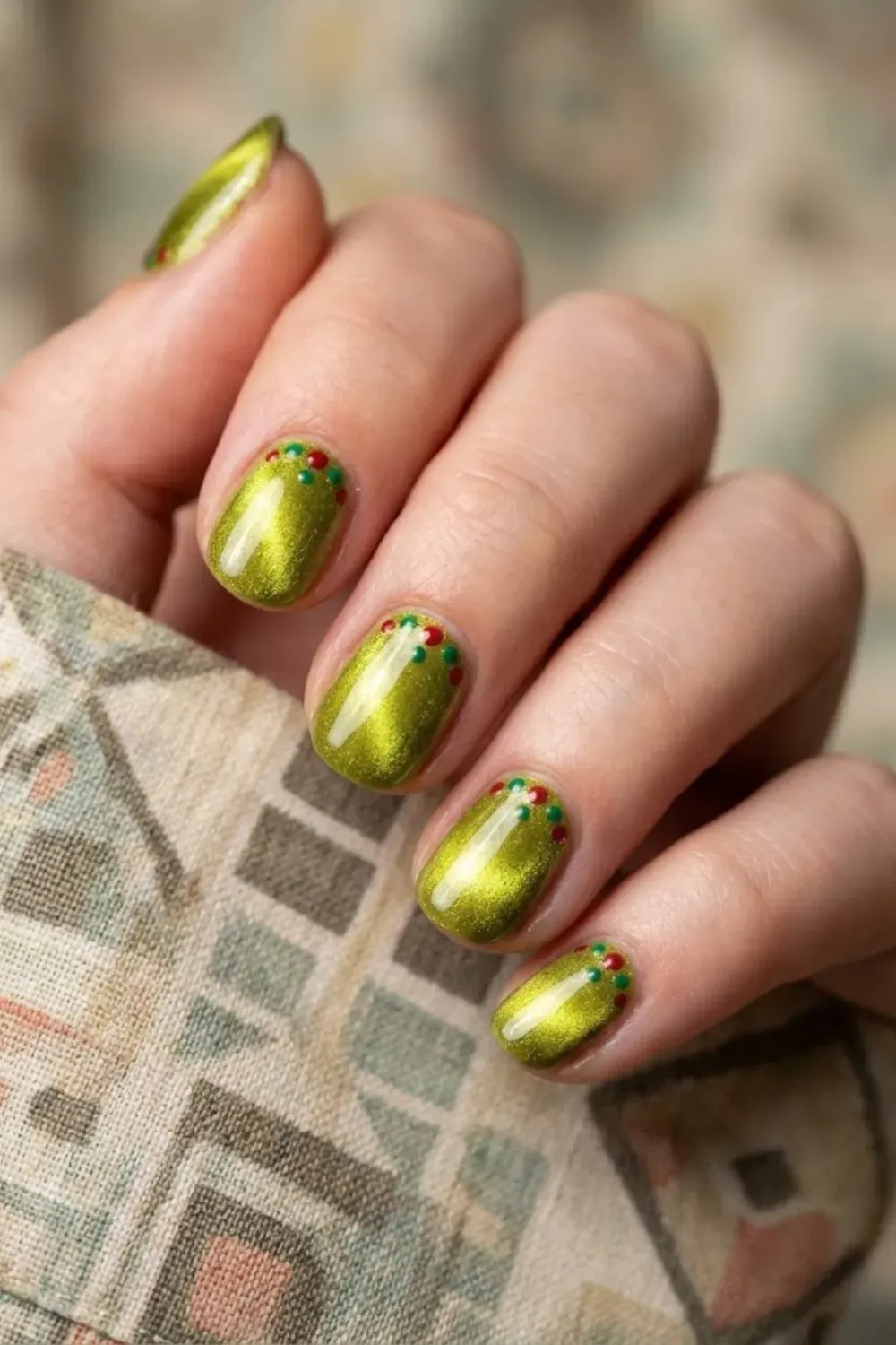 Chartreuse green cat eye nails with playful retro dot nail art accents