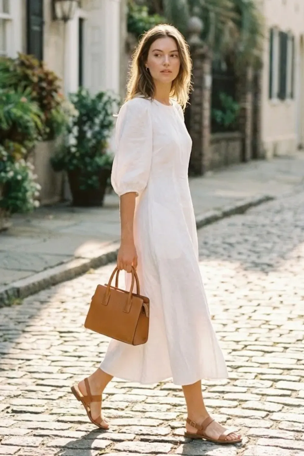 Romantic White Linen Midi Dress – Woman walking on a cobblestone street wearing a white linen midi dress with puff sleeves and brown sandals, carrying a small brown leather handbag.