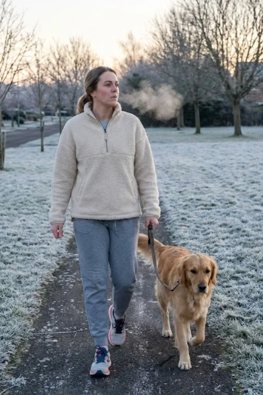 Teddy Fleece Pullover & Joggers - Morning walk outfit featuring a cream teddy fleece quarter-zip pullover, grey joggers, and running shoes walking a golden retriever.
