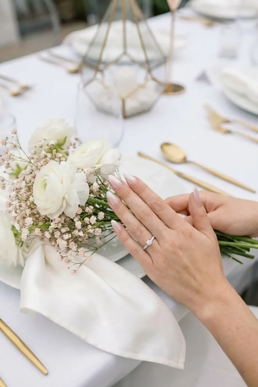 Soft Ombre French "Baby Boomer" - Long oval nails; pink fading into white (no harsh line).