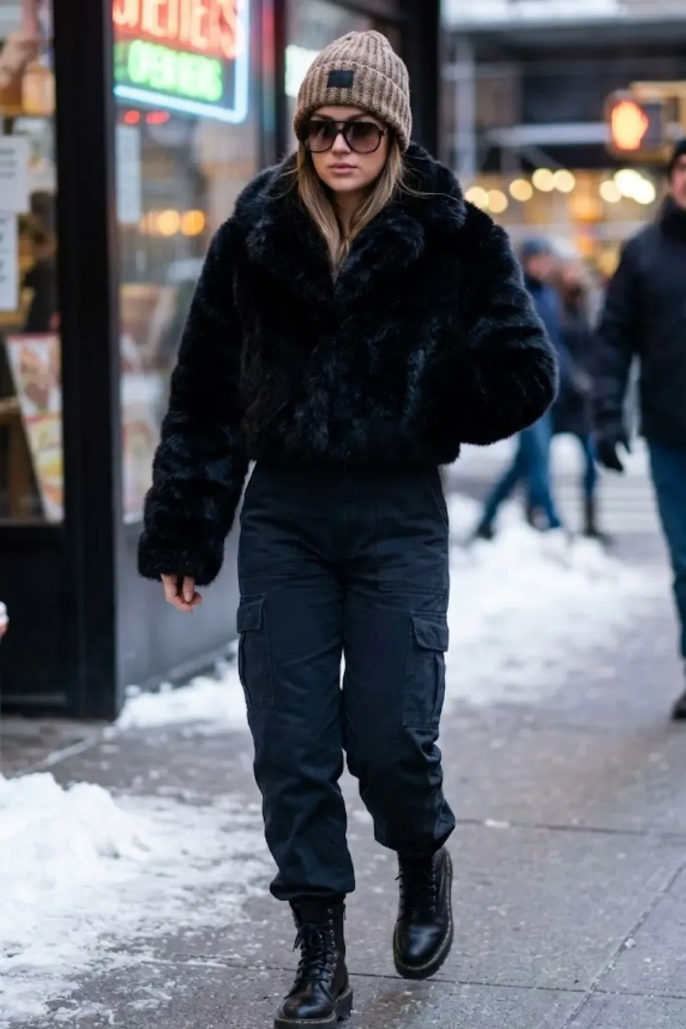 Black Faux Fur Cropped Jacket Streetwear / Trendy winter streetwear 2026