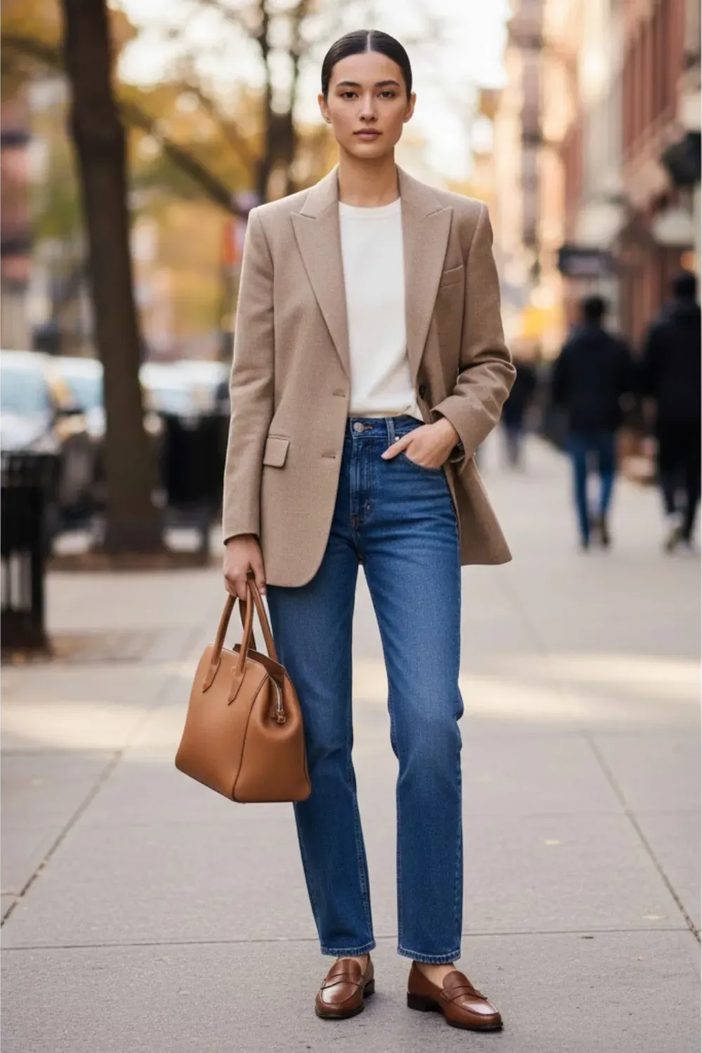 Casual Beige Blazer & Straight Leg Jeans – Street style look featuring a beige wool blazer worn over a white t-shirt and straight-leg blue jeans, styled with brown loafers and a leather tote bag.
