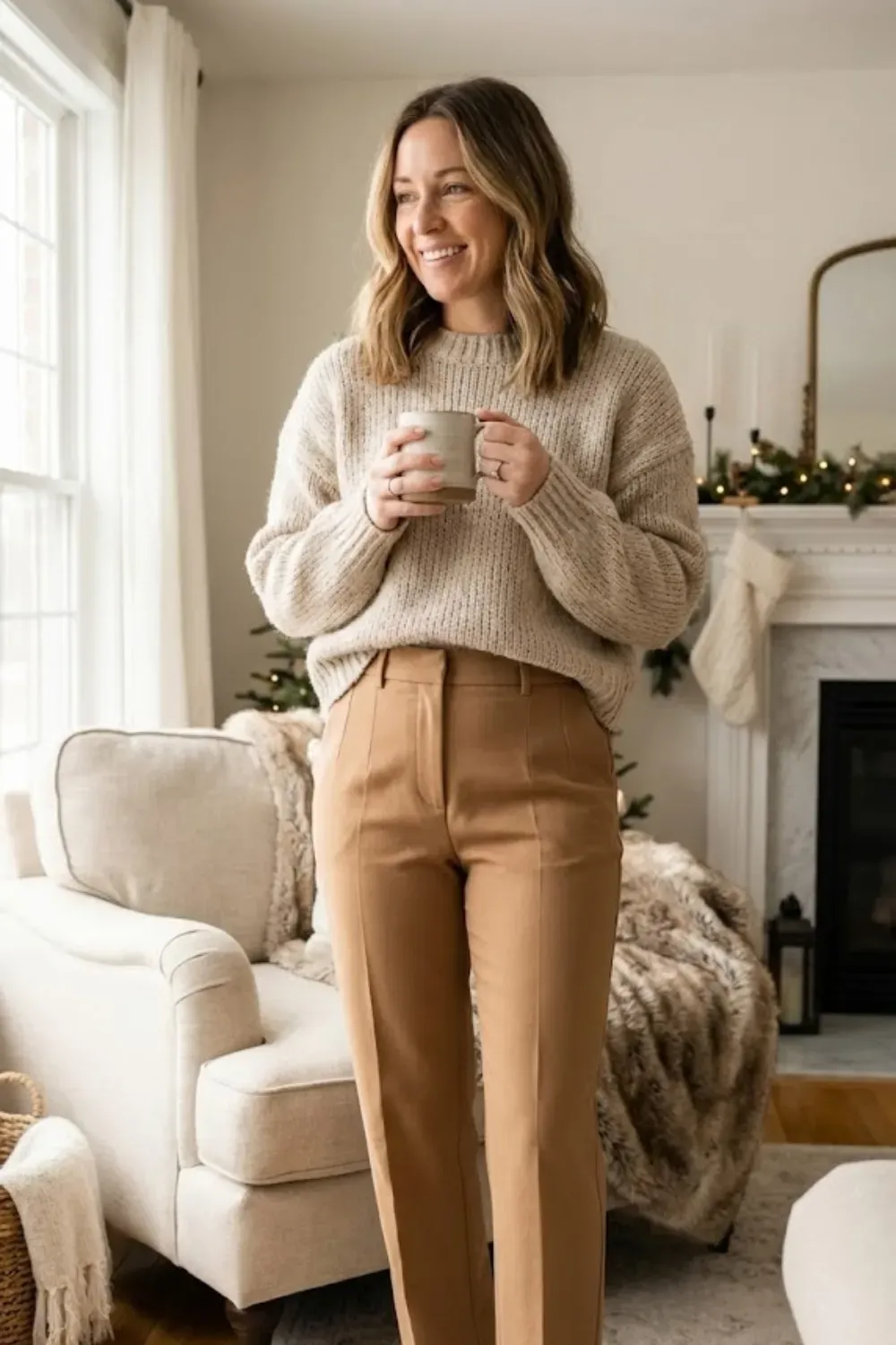 Chunky Knit & Camel Trousers – Textural outfit with a chunky cream knit sweater tucked into tailored camel trousers.