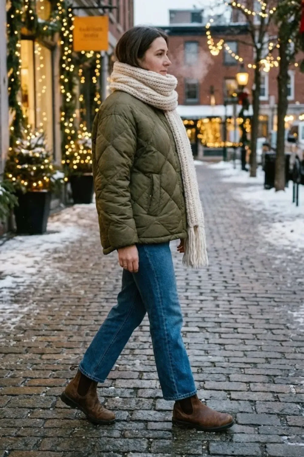 Quilted Olive Jacket & Chunky Scarf - Olive green quilted liner jacket paired with an oversized chunky cream knit scarf and blue jeans