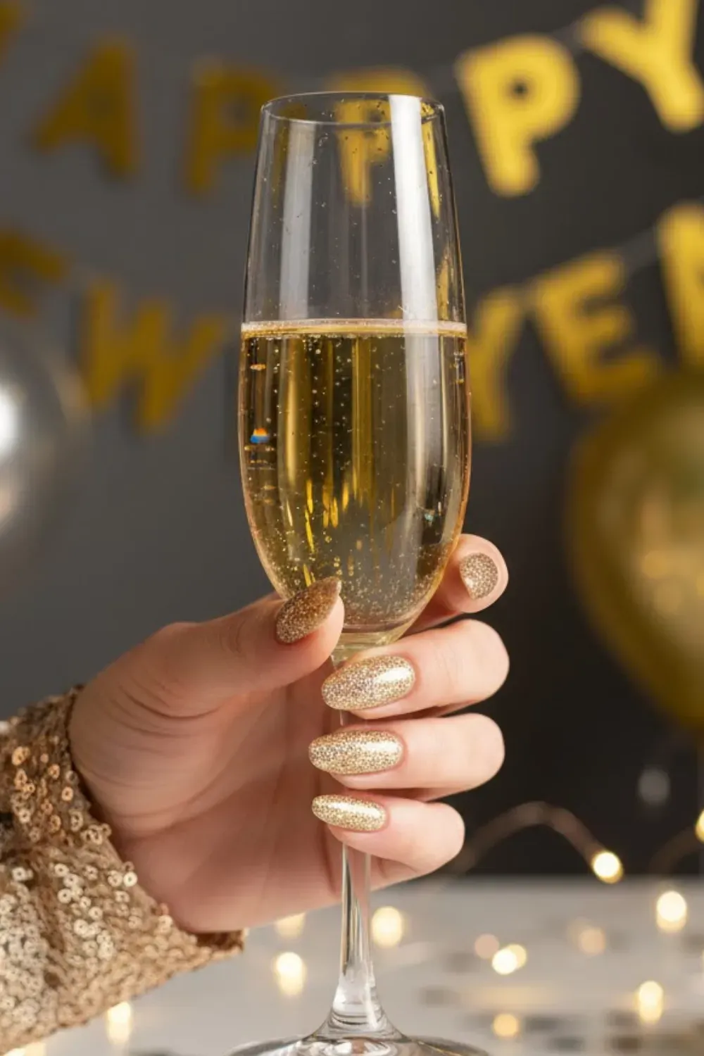Full Coverage Gold Glitter Nails - Hand holding a champagne glass featuring oval nails completely coated in textured gold glitter polish