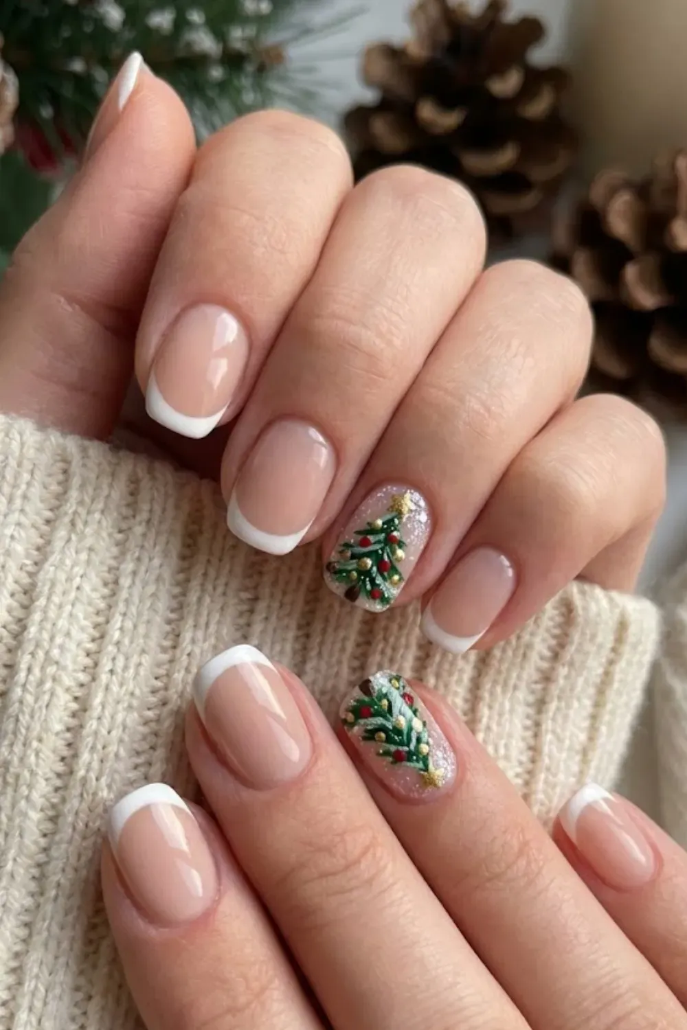 3D Christmas Tree Nails — white French tips with textured 3D Christmas tree art and ornaments.