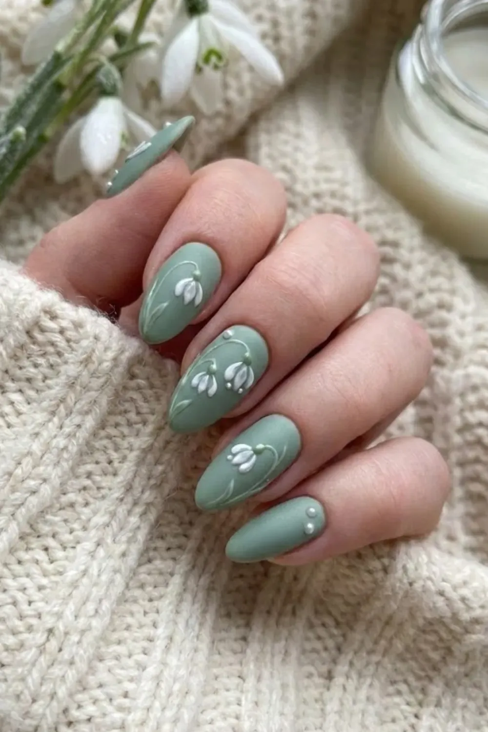 3D Snowdrop Sage Nails – soft green nails with 3D white flower snowdrops and pearl accents