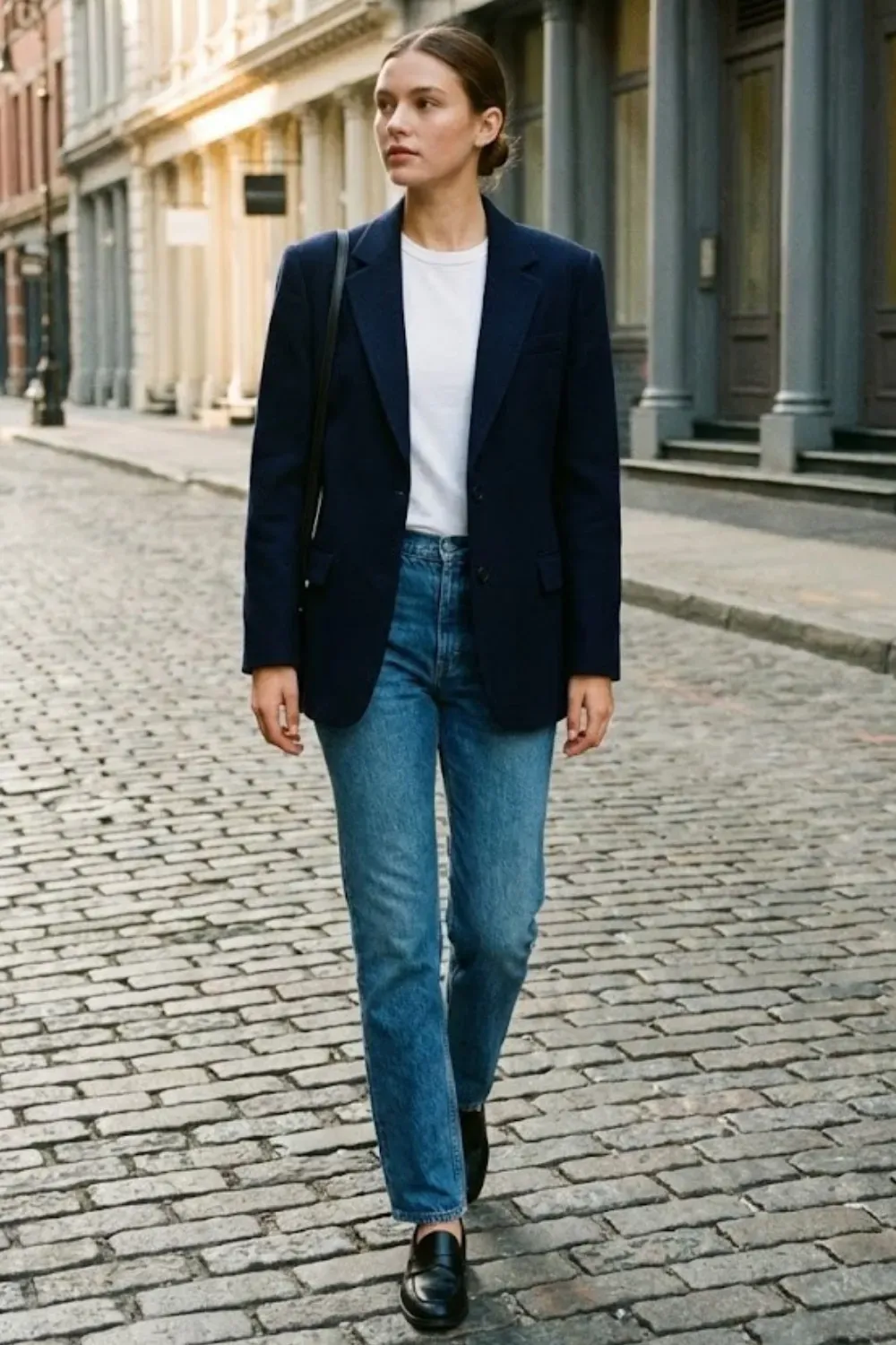 Navy structured boxy blazer with subtle shoulder pads styled with denim minimalist power casual.