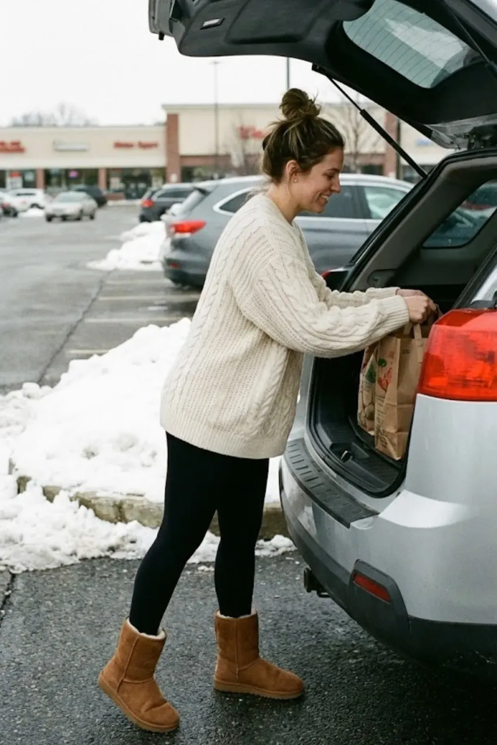 Cozy Knit & Tan Suede Boots - Casual errand outfit with an oversized cream cable knit sweater, black leggings, and tan sheepskin boots loading a car.