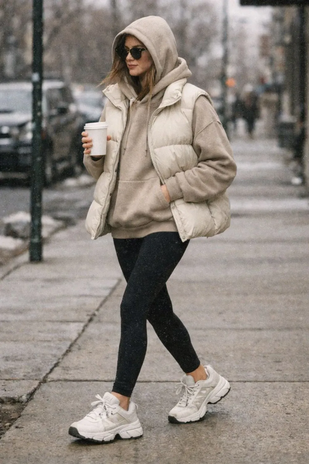 Beige Puffer Vest & Hoodie - Sporty winter style with a beige puffer vest layered over a hoodie with black leggings and chunky sneakers.