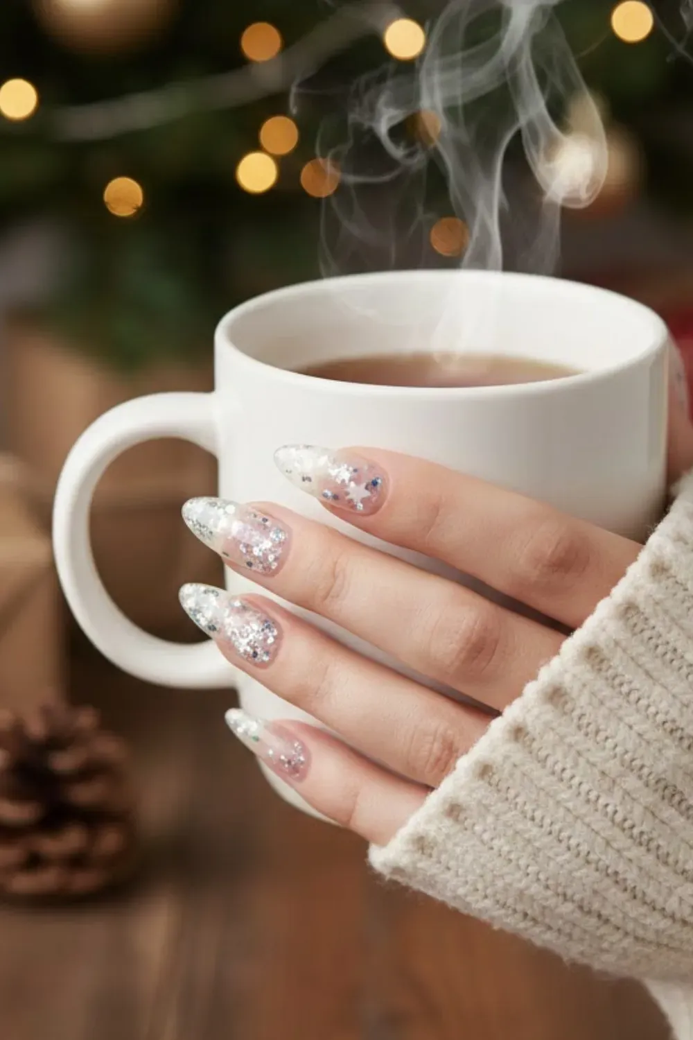 Clear Nails with Holographic Stars - Hand holding a hot drink featuring clear nails encapsulated with chunky holographic silver glitter and stars.