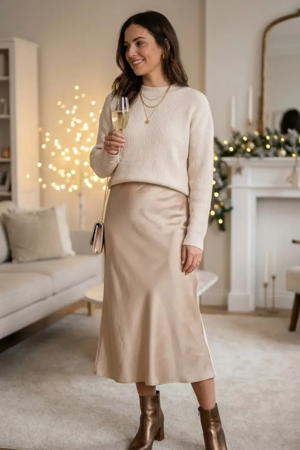 Cream Knit & Satin Midi Skirt – Soft glam look featuring a cream sweater paired with a champagne satin midi skirt and metallic boots.
