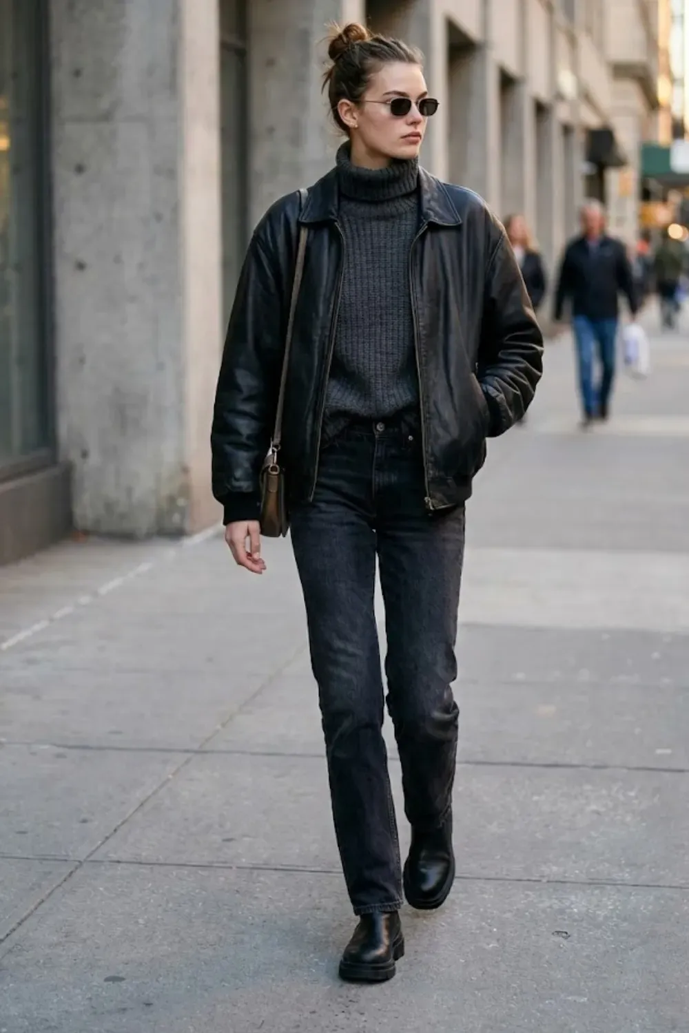 Slightly oversized black leather bomber jacket paired with knitwear and straight-leg jeans edgy minimal style.