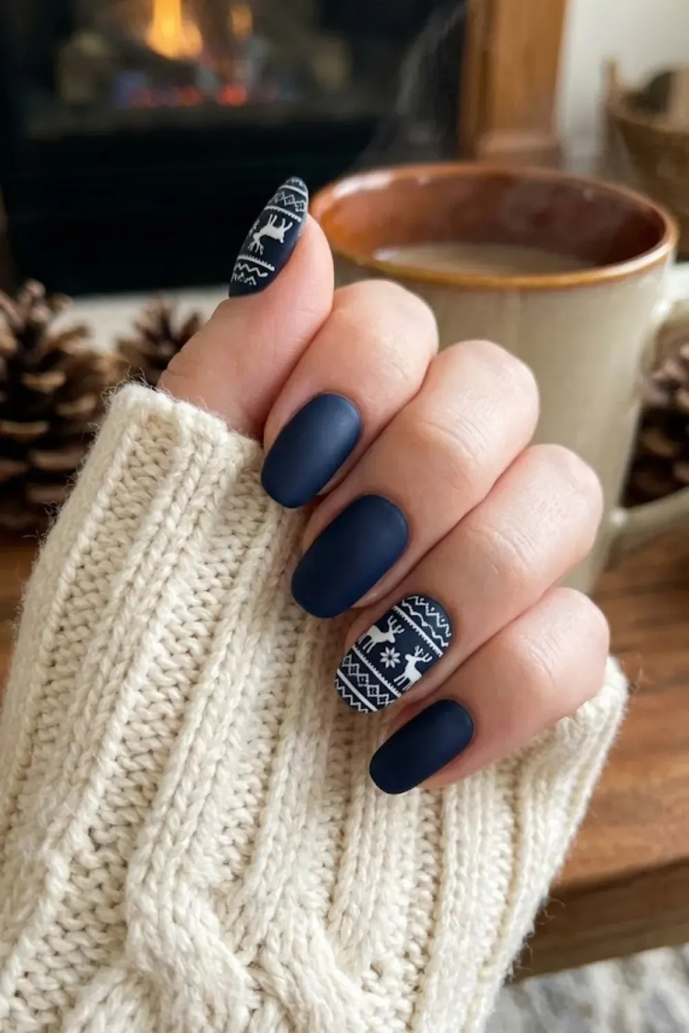 Matte Navy Nordic Pattern - oval matte dark navy nails with white nordic sweater pattern stamping