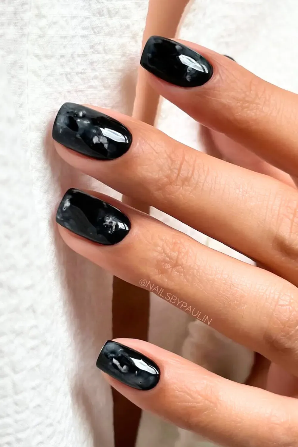 Smoky Black Marble	Short square nails with soft black smoky marble design