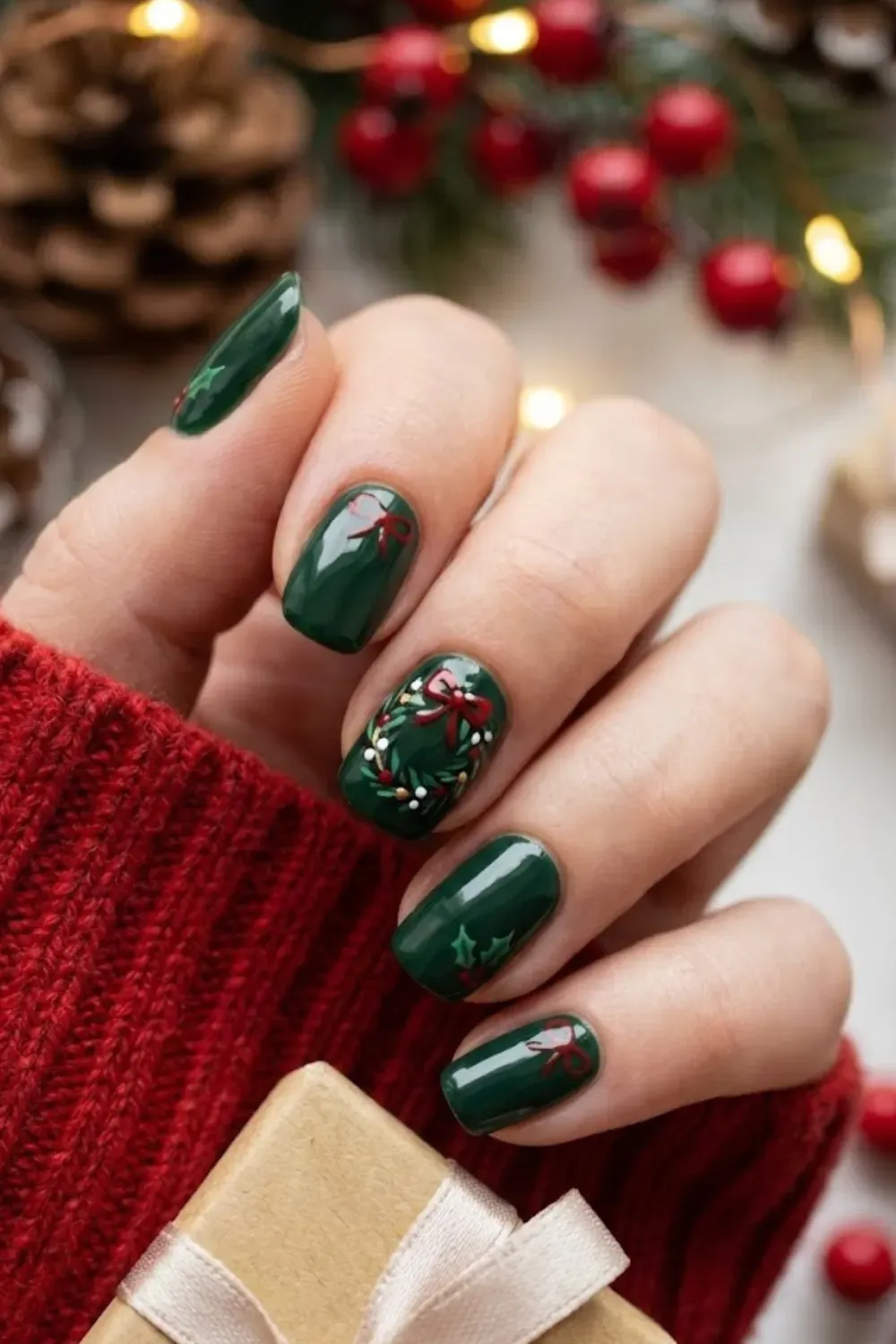Traditional Wreath Nails – dark glossy green nails with painted holiday wreath and holly berries
