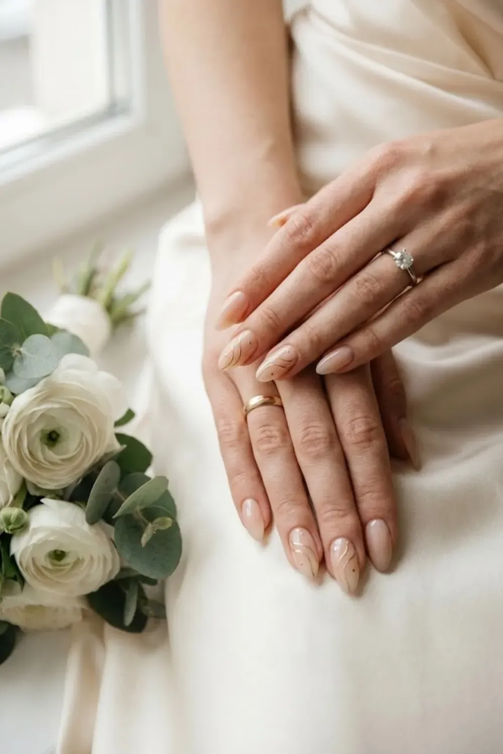 Abstract Gold Swirl Lines - Hand on lap; nude oval nails with fine curved gold lines.