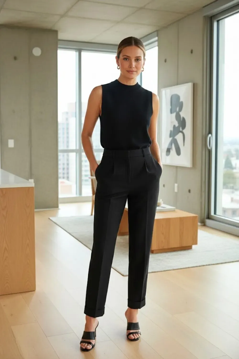 All-Black Minimalist Sleeveless Set – Model posing in a modern apartment wearing a sleek, monochromatic all-black outfit with a sleeveless mock-neck top and tailored ankle-length trousers.