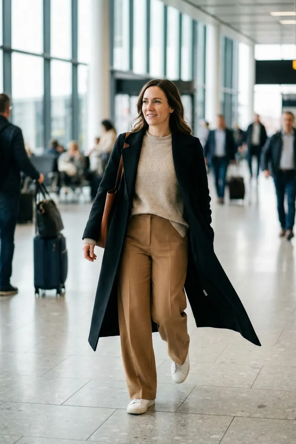 Candid shot of a woman walking in an airport terminal wearing camel wide-leg trousers, an oatmeal knit sweater, white sneakers, and a long black wool coat holding a brown leather tote bag.