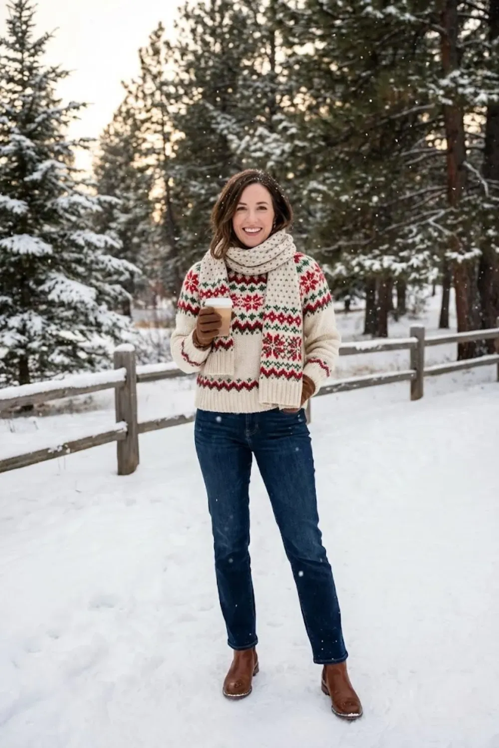 Woman outdoors in snow wearing matching cream and red fair isle sweater and scarf set with blue jeans