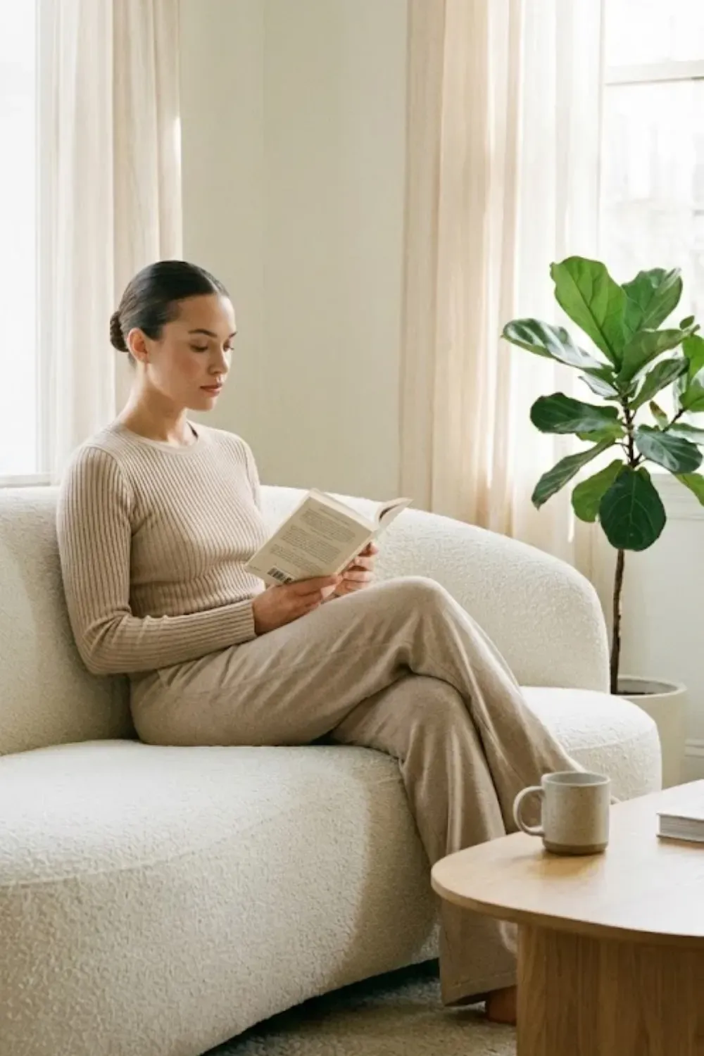 Monochrome Beige Ribbed Set - Woman relaxing on a sofa wearing a cozy beige monochromatic ribbed lounge set with a long sleeve top and matching pants.