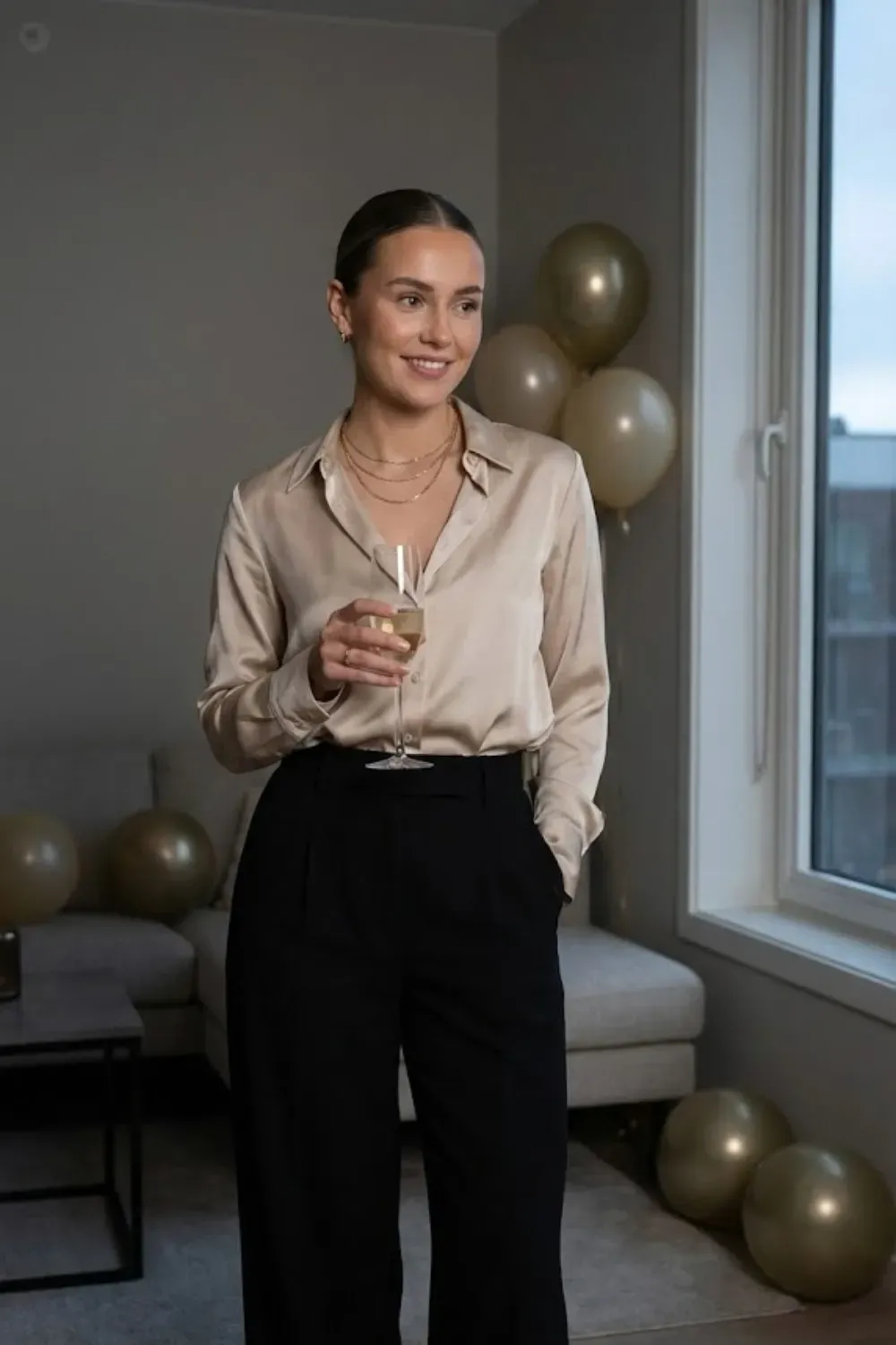 Satin Blouse & Wide-Leg Trousers – Elegant outfit featuring a champagne satin button-down shirt tucked into black wide-leg trousers.