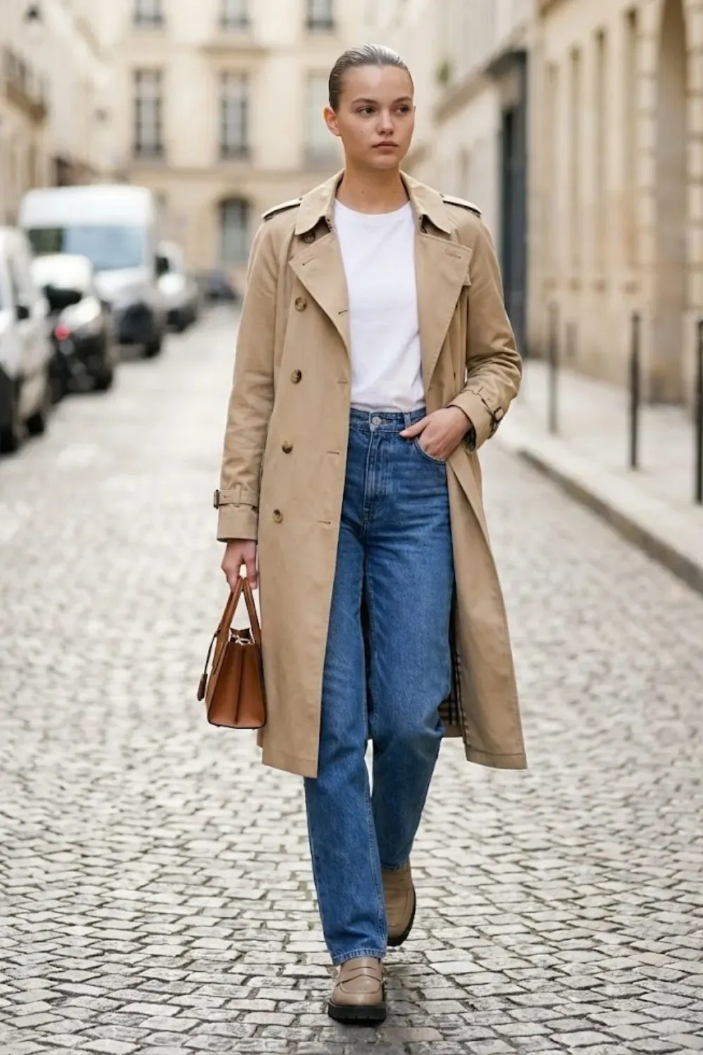 Layered look with classic beige trench coat over white tee and denim clean girl aesthetic.