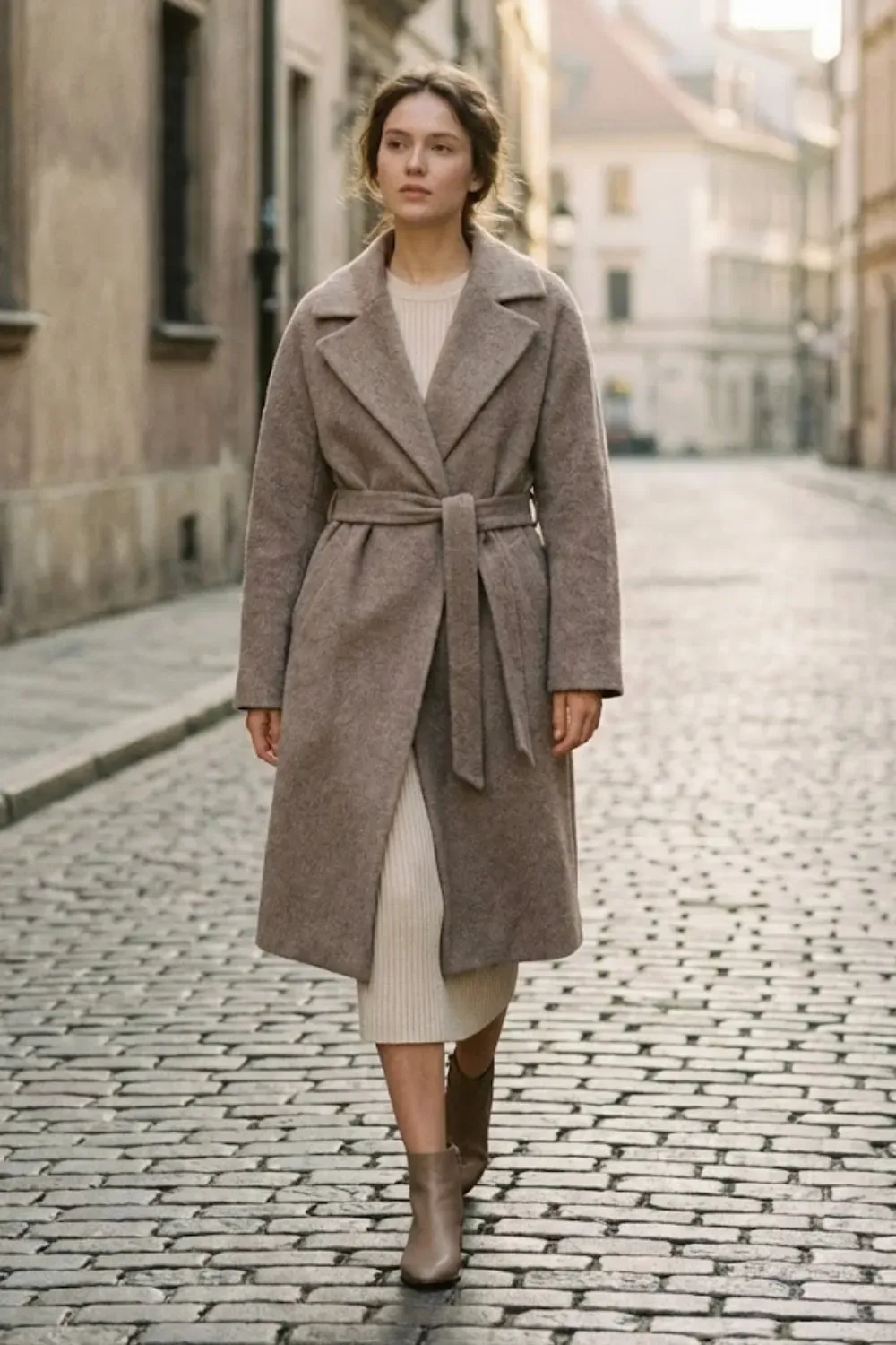 Elegant Taupe Wrap Coat & Knit Dress – Woman walking down a European street wearing a textured taupe wrap coat tied at the waist over a ribbed knit dress and beige ankle boots.