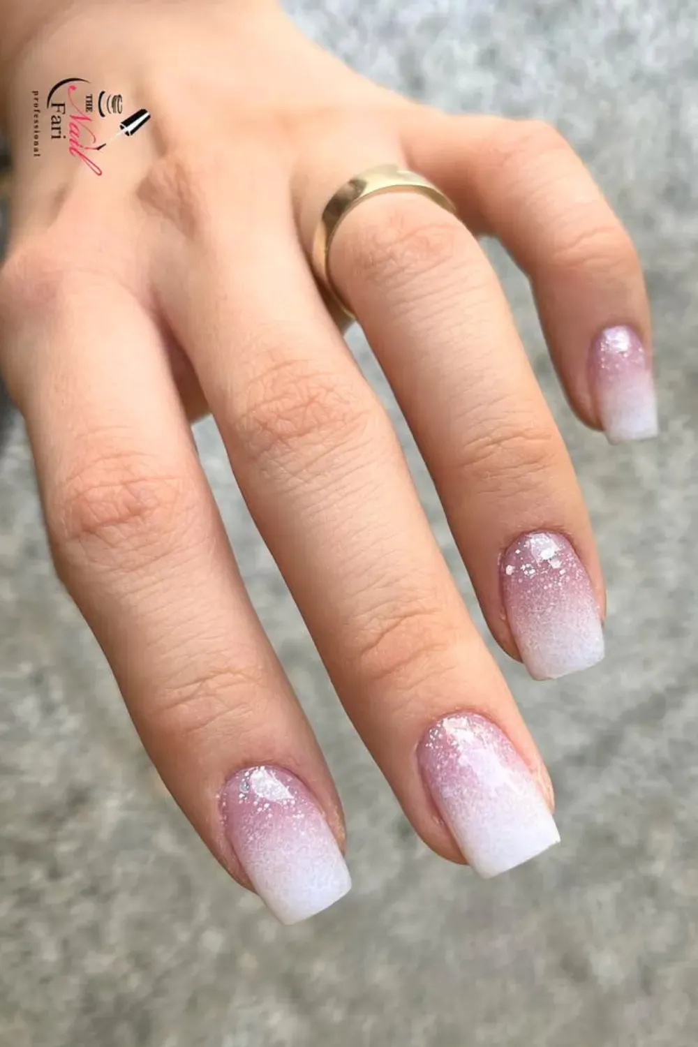 Frosted Glitter Gradient - Square nails with a sugary frosted glitter gradient fading from white to pink.