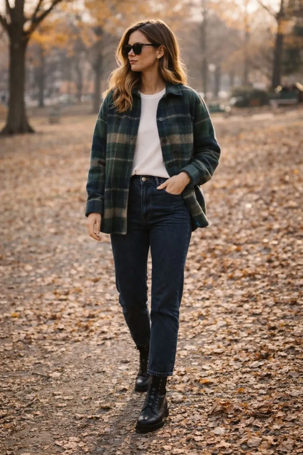 Green Plaid Shacket & Combat Boots - Outdoorsy look with a green plaid flannel shirt jacket, dark jeans, and black lace-up combat boots.