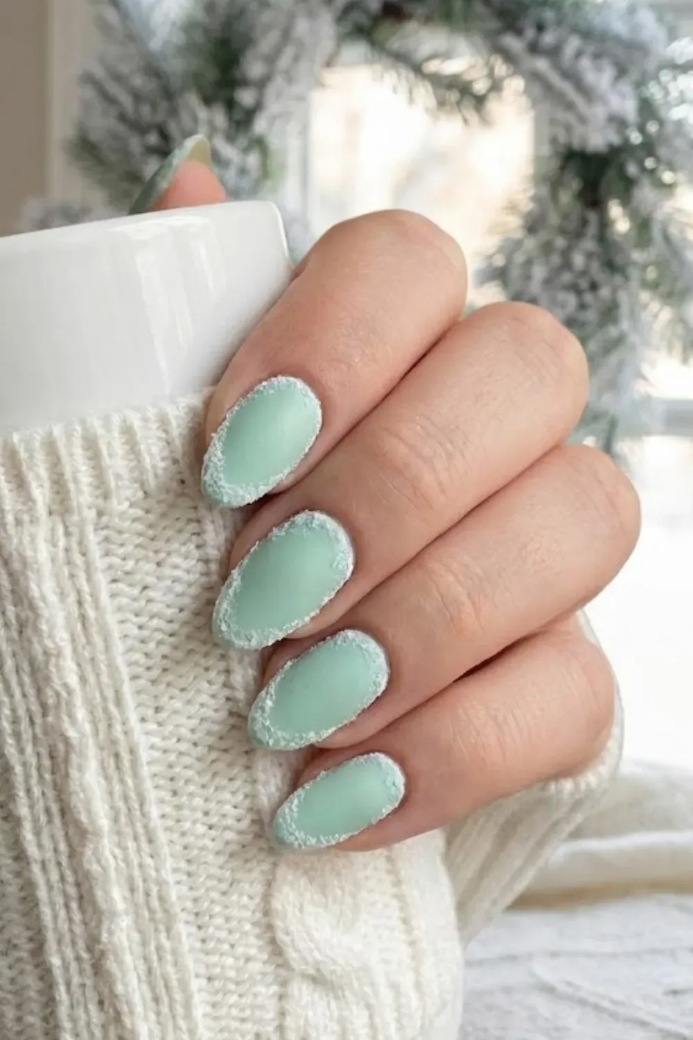 Frosted Tip Mint Nails – icy mint green nails with textured sugar glitter edges